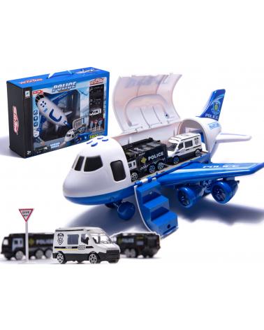 Transporter samolot + 3 auta policja  Pozostałe zabawki dla dzieci KX6684_1-IKA 1