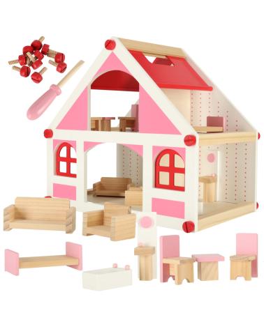 Domek dla lalek drewniany biało-różowy + mebelki 36cm  Lalki i akcesoria KX4351-IKA 1