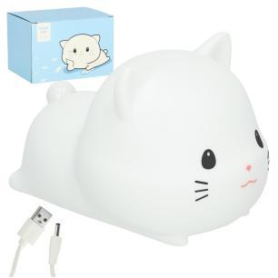 Lampka nocna dla dzieci silikonowa na baterie USB biała RGB kotek leżący