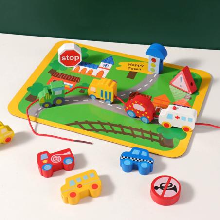 Klocki drewniane do nawlekania tablica plansza samochody pojazdy