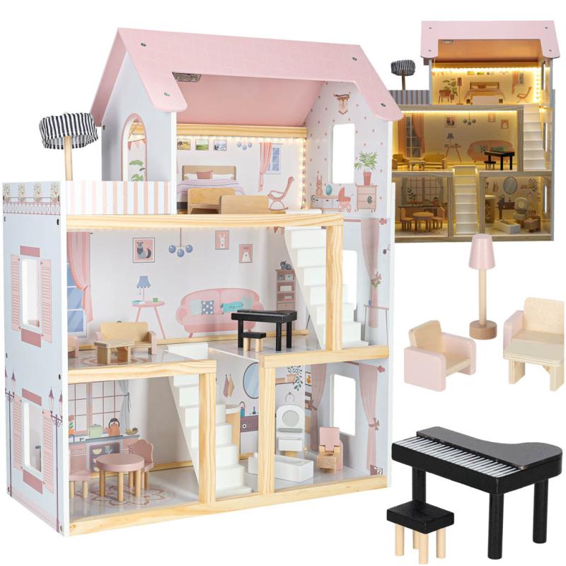 Domek dla lalek drewniany mebelki 80cm róż LED Domek dla lalek drewniany mebelki 80cm róż LED