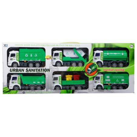 Zestaw 6 Pojazdów Ciężarowych Ciężarówka Tir Ciągnik Wywrotka Śmieciarka Beczkowóz