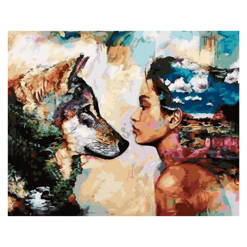 OBRAZ MALOWANIE PO NUMERACH RAMA 50x40cm SPOJRZENIE - WILK I KOBIETA OBRAZ MALOWANIE PO NUMERACH RAMA 50x40cm SPOJRZENIE - WILK I KOBIETA