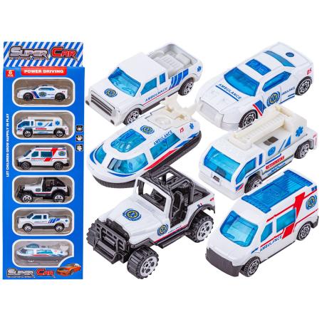 Metalowe Pojazdy Uprzywilejowane, Auta, Resoraki 6 Sztuk Zestaw 1:64 POGOTOWIE, AMBULANS