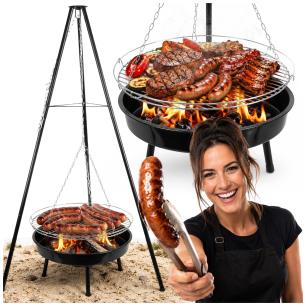 Grill ogrodowy węglowy zawieszany, regulowana wysokość 32-66/150 cm, ruszt stal chromowana, misa stal emaliowana, czarny, 50