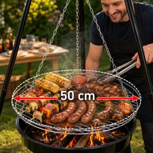 Grill ogrodowy węglowy zawieszany, regulowana wysokość 32-66/150 cm, ruszt stal chromowana, misa stal emaliowana, czarny, 50