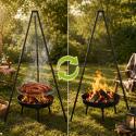 Grill ogrodowy węglowy zawieszany, regulowana wysokość 32-66/150 cm, ruszt stal chromowana, misa stal emaliowana, czarny, 50 