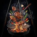 Grill ogrodowy węglowy zawieszany, regulowana wysokość 32-66/150 cm, ruszt stal chromowana, misa stal emaliowana, czarny, 50 