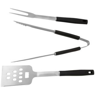 Zestaw przyborów do grillowania, 3-częściowy, stal nierdzewna, uchwyty plastikowe, łopatka, szczypce, widelec, srebrno-czarn