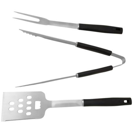 Zestaw przyborów do grillowania, 3-częściowy, stal nierdzewna, uchwyty plastikowe, łopatka, szczypce, widelec, srebrno-czarn