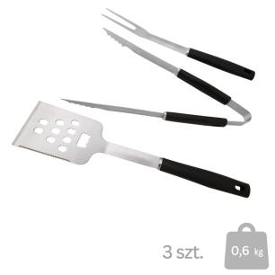 Zestaw przyborów do grillowania, 3-częściowy, stal nierdzewna, uchwyty plastikowe, łopatka, szczypce, widelec, srebrno-czarn