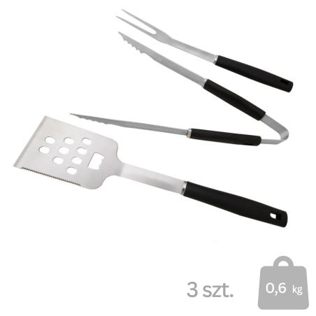 Zestaw przyborów do grillowania, 3-częściowy, stal nierdzewna, uchwyty plastikowe, łopatka, szczypce, widelec, srebrno-czarn
