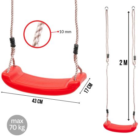 Huśtawka dziecięca, czerwona, plastikowa, do ogrodu, 43x17x8,5 cm, liny 2 m, nośność 70 kg