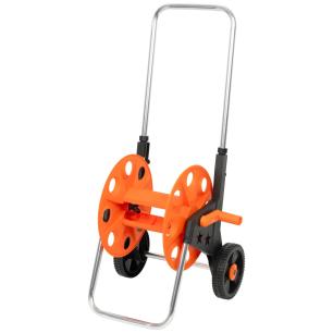 Wózek na wąż ogrodowy, metalowy stelaż, plastikowy bęben, na kołach, rączka teleskopowa 57,5-95 cm, 50 m węża 1/2 cala