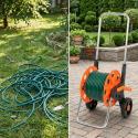 Wózek na wąż ogrodowy, metalowy stelaż, plastikowy bęben, na kołach, rączka teleskopowa 57,5-95 cm, 50 m węża 1/2 cala