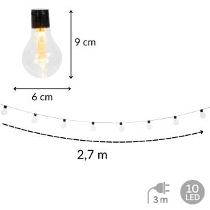 Girlanda ogrodowa solarna LED, 10 żarówek, czujnik zmierzchu, dł. 2,7 m, kabel 3 m, żarówki 6x9 cm