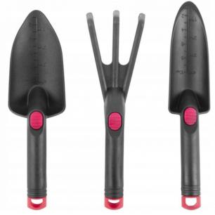 Zestaw narzędzi ogrodniczych, plastikowy, 3-częściowy, kultywator, łopatka szeroka 80x275 mm, łopatka wąska z miarką 60x3