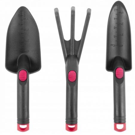 Zestaw narzędzi ogrodniczych, plastikowy, 3-częściowy, kultywator, łopatka szeroka 80x275 mm, łopatka wąska z miarką 60x3
