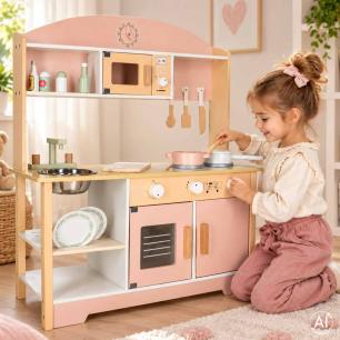 Kuchnia dla dzieci drewniana  MDF MODERN CLASSIC akcesoria 82cm różowa