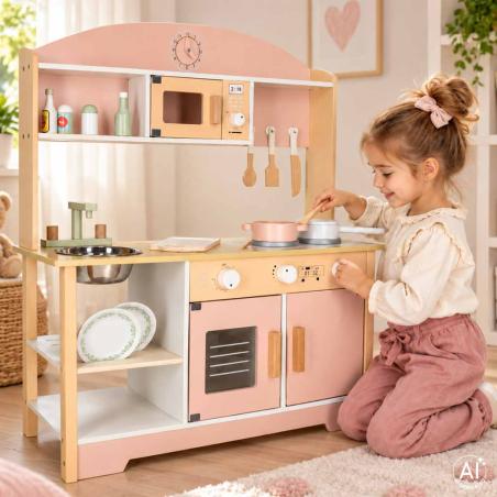 Kuchnia dla dzieci drewniana  MDF MODERN CLASSIC akcesoria 82cm różowa